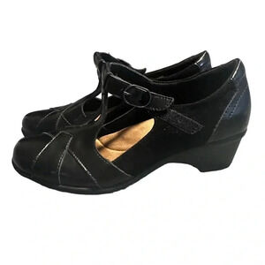Earth Origins Gabby 9M black leather + suede‎ wedge Mary Jane shoes